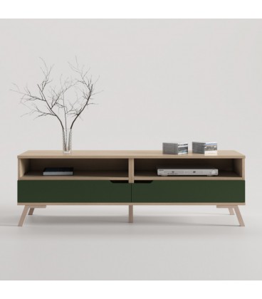 MUEBLE TV PERPIÑÁN EN ROBLE CON CAJONES EN COLOR VERDE CON PATA VINTAGE EN HAYA 